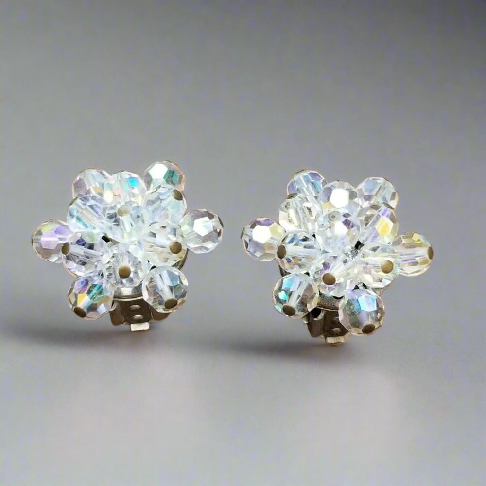 Vintage Aurora Borealis Bead Cluster Clip-On Earrings Crystal Button Style